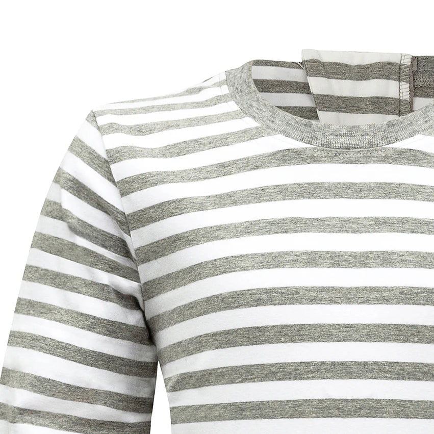 Close-up of grey and white striped cotton stretch fabric on KayCey adaptive jumpsuit