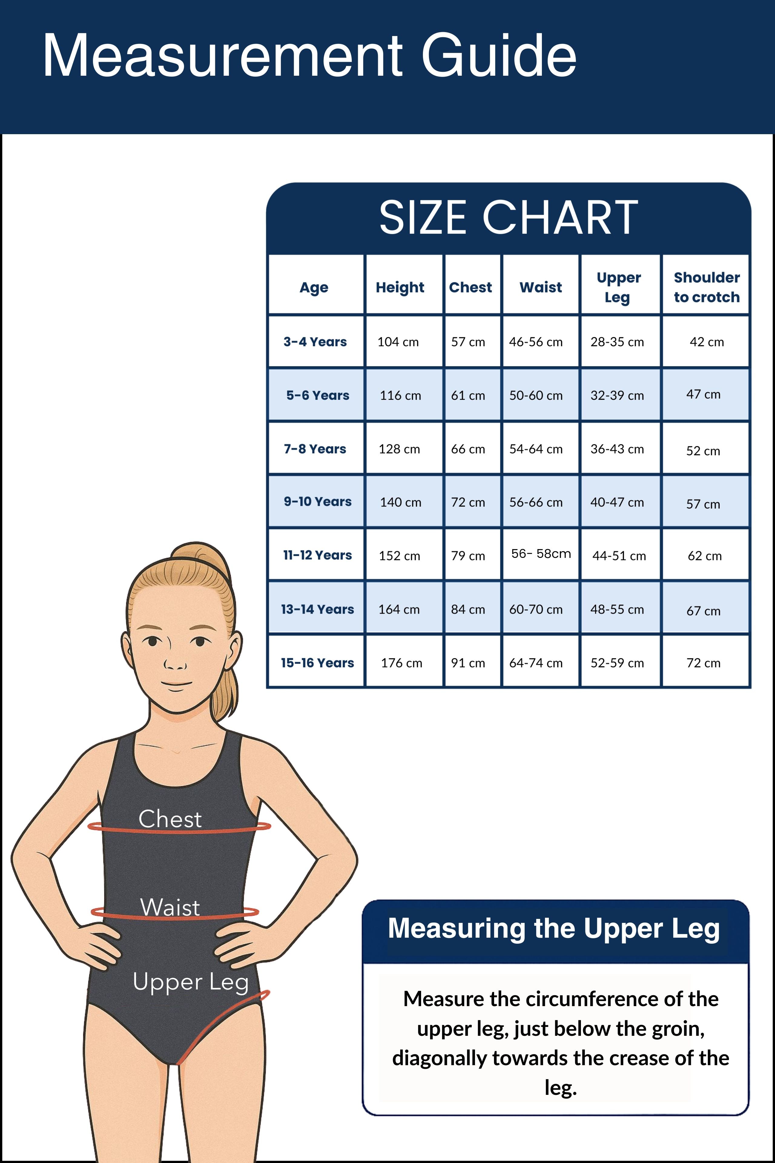 Girls incontinence swimwear size chart