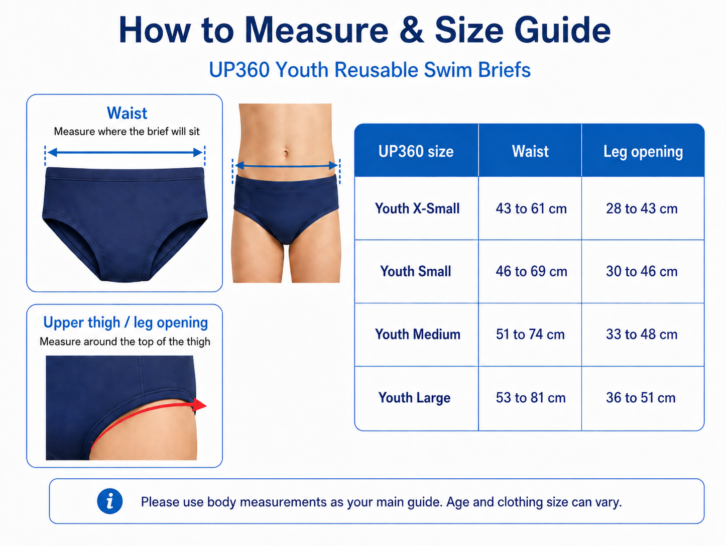 Measurement guide for UP360 Youth Reusable Swim Briefs with waist and leg opening measurements.