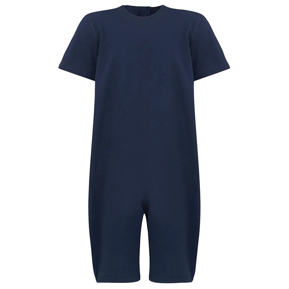 A navy blue short-sleeve one-piece with a crew neck, displayed on a clean white background.