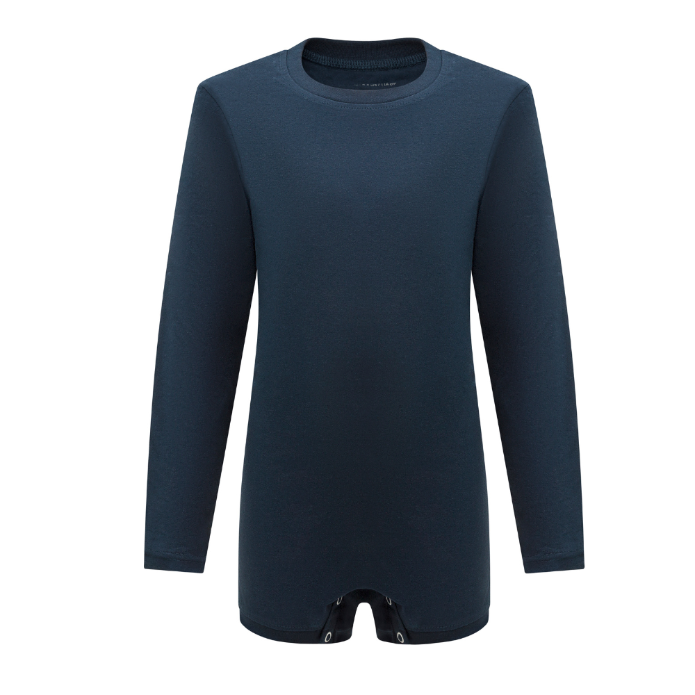 Navy blue long-sleeve on a white background poppers in the inner legs