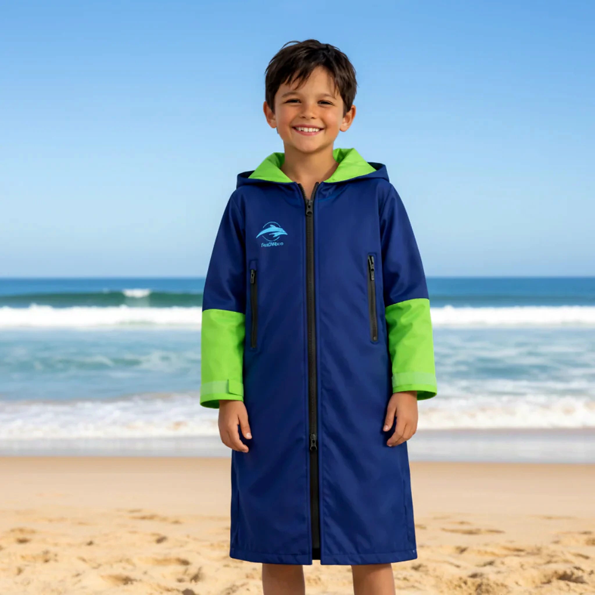 Child wearing the Konfidence kids fleece lined changing robe in navy and lime on the beach