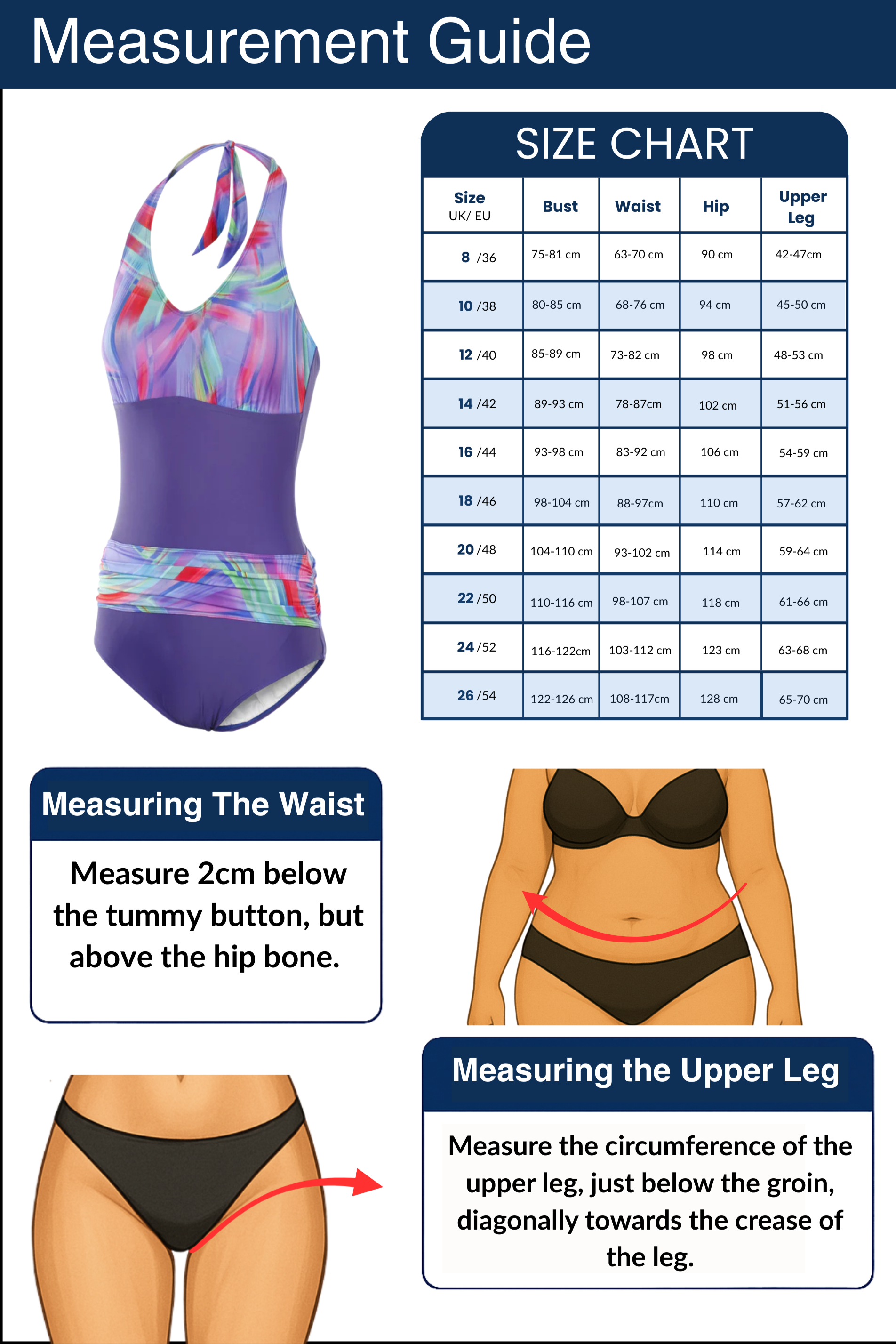 Measurement guide for Kes-Vir ladies sash swimsuit. Size chart shows UK sizes 8 to 26 with bust, waist, hip, and upper leg measurements. Illustrations explain how to measure the waist, 2 cm below the tummy button and above the hip bone, and how to measure the upper leg, around the circumference just below the groin towards the crease of the leg