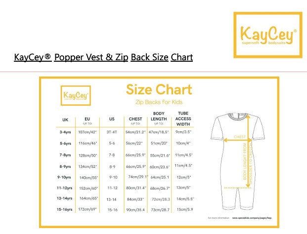 KayCey kids zip back jumpsuit size guide showing UK, EU, US, chest and body length measurements