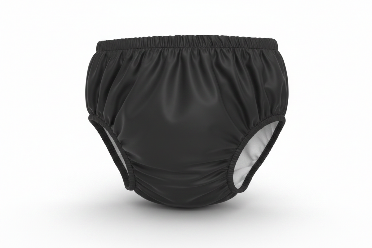 Black diaper cover with a white inner lining, shown flat against a white background.