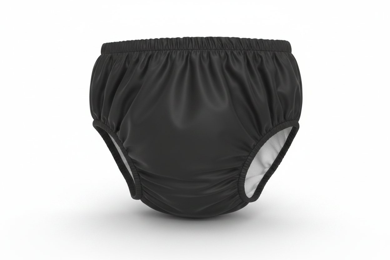 Black diaper cover with a white inner lining, shown flat against a white background.