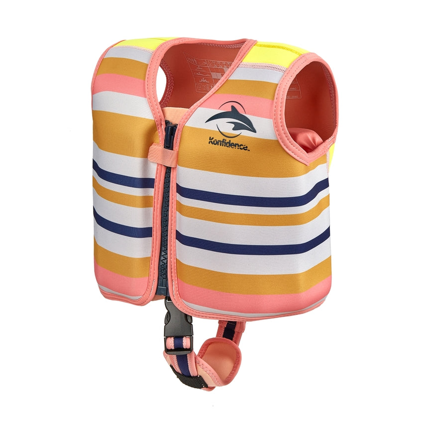 Striped float jacket with visible brand logo on a white background