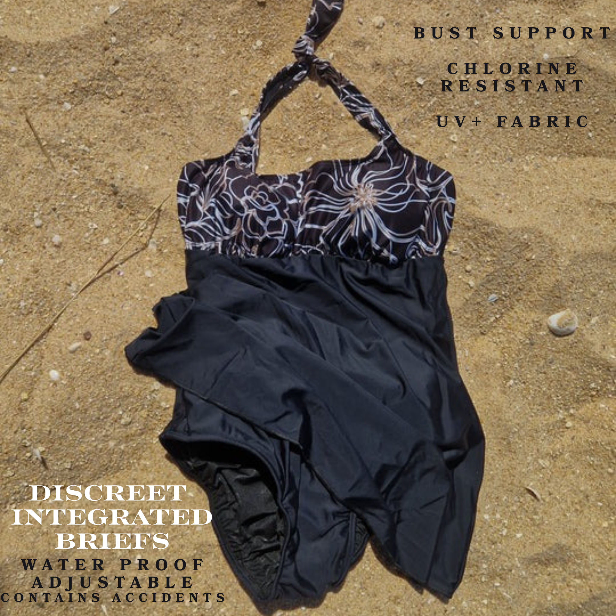 ladies incontinence swimsuit with integrated swim pants for containment