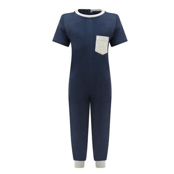 Navy blue onesie with a pocket on a white background