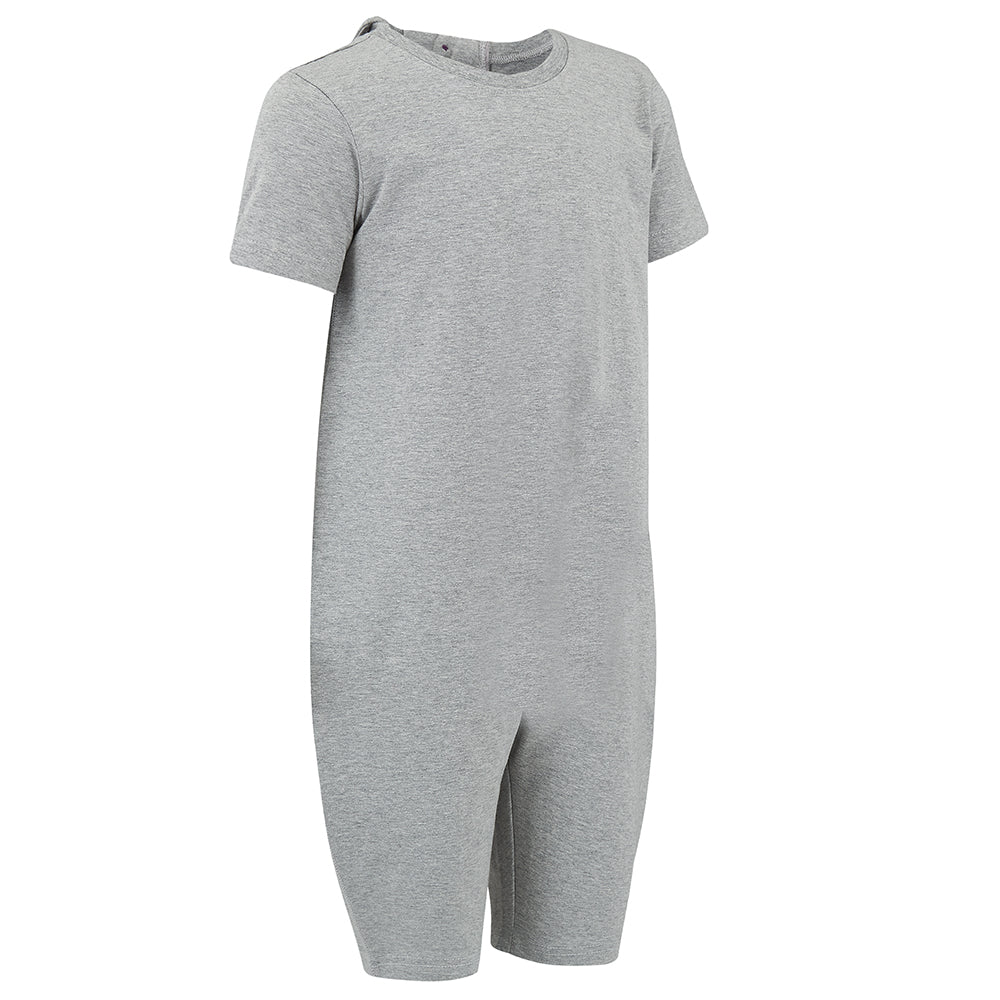 KayCey kids grey secret zip back adaptive jumpsuit with short sleeves and knee length legs