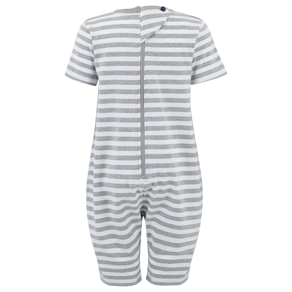 Back view of KayCey grey and white striped zip back adaptive jumpsuit for children