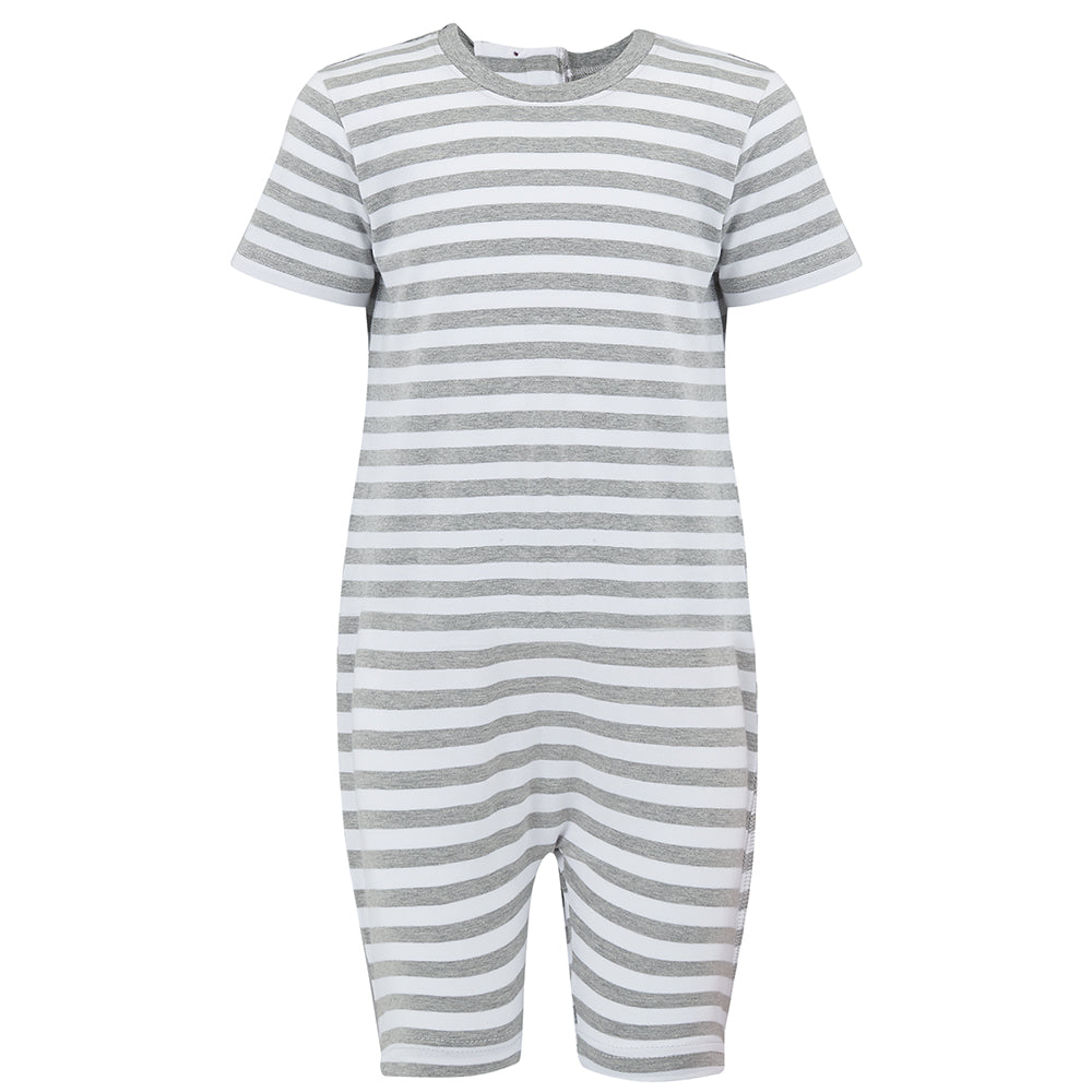 Front view of the striped grey and white jumpsuit