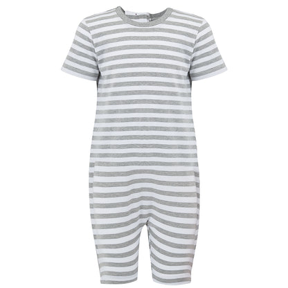 Front view of the striped grey and white jumpsuit