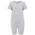 Front view of the striped grey and white jumpsuit