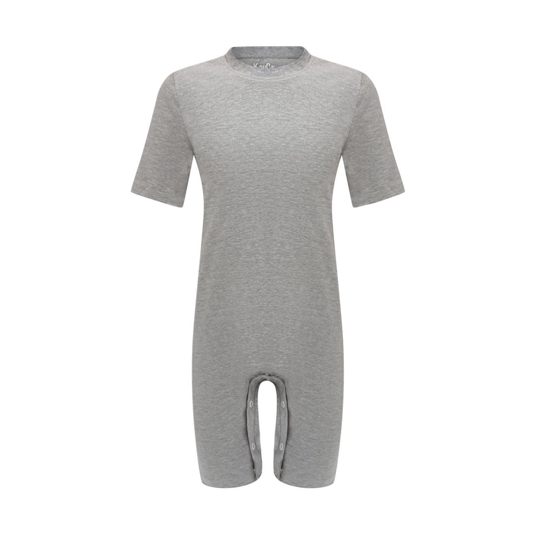 Gray onesie with poppers in the inner legs and crotch on a white background
