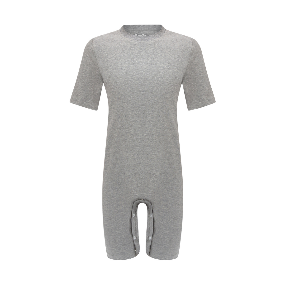 Gray onesie with poppers in the inner legs and crotch on a white background