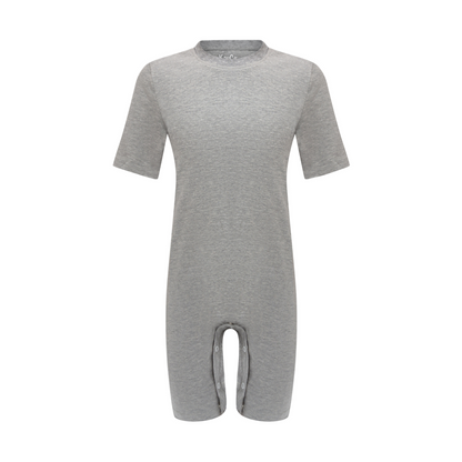 Gray onesie with poppers in the inner legs and crotch on a white background