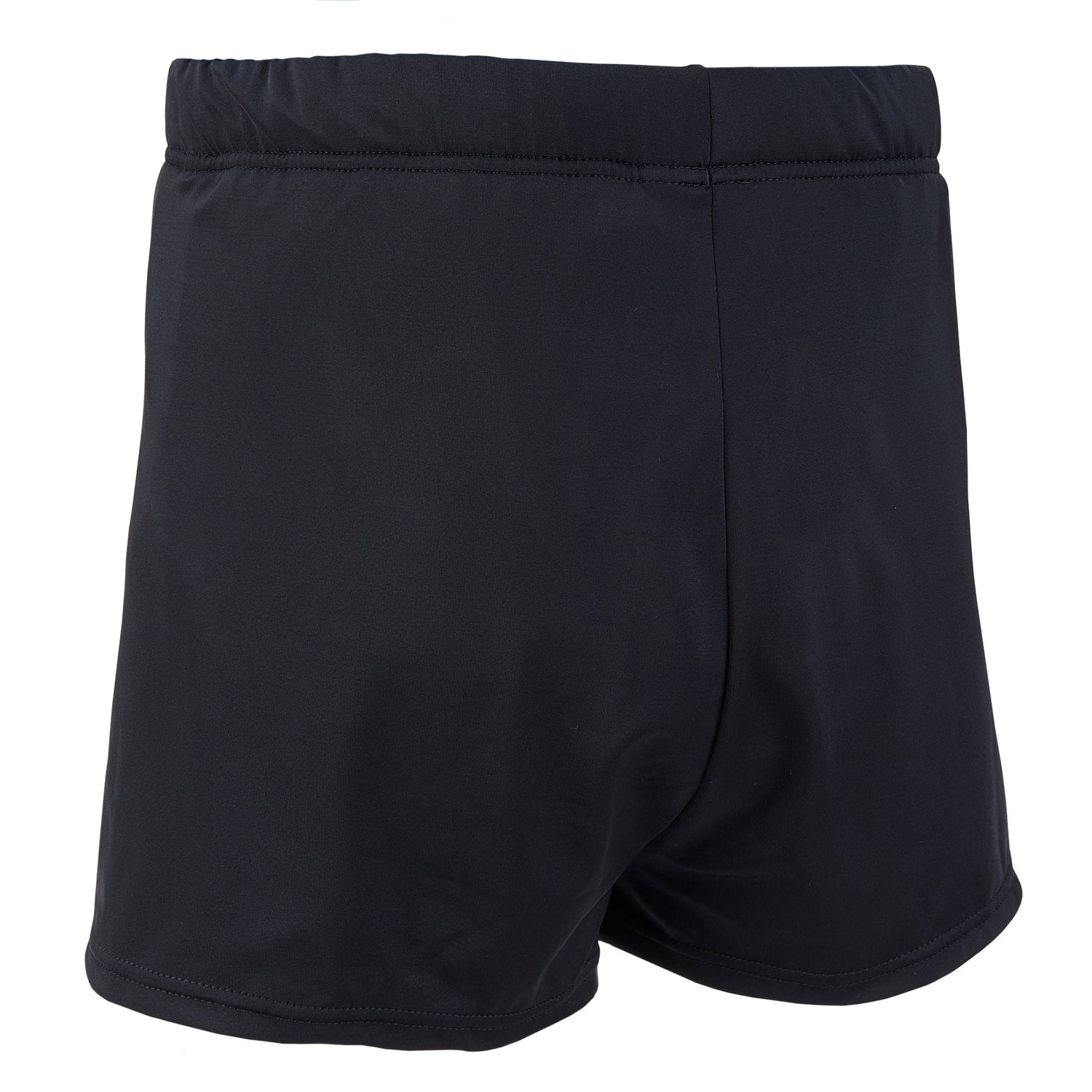 Black swim shorts with tie cord on the waist.