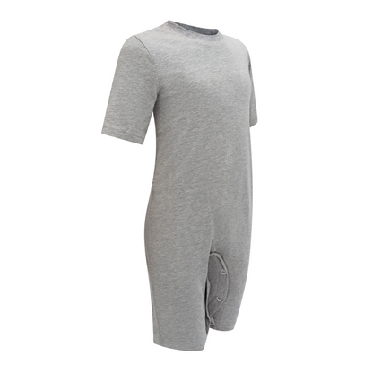 sideways view of the grey onsie with the poppers on the inside of the legs and crotch 