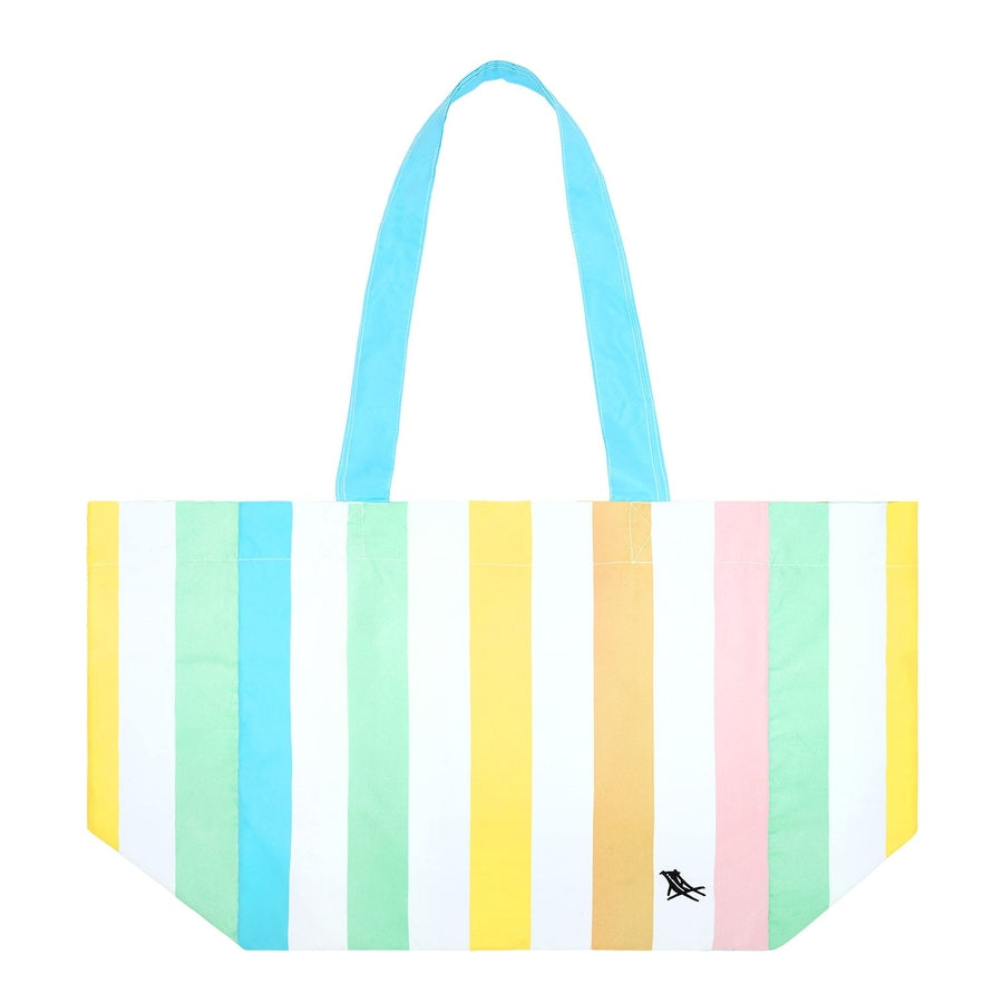 Polyester bag with white and coloured thick stripes with long shoulder handles