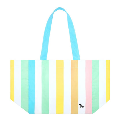 Polyester bag with white and coloured thick stripes with long shoulder handles