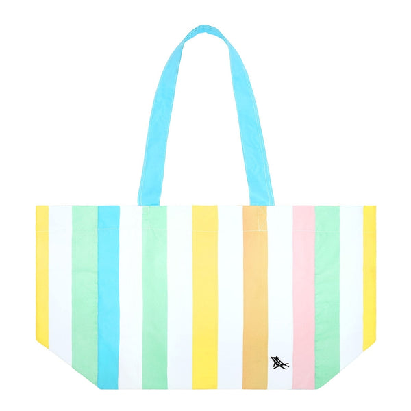 Polyester bag with white and coloured thick stripes with long shoulder handles