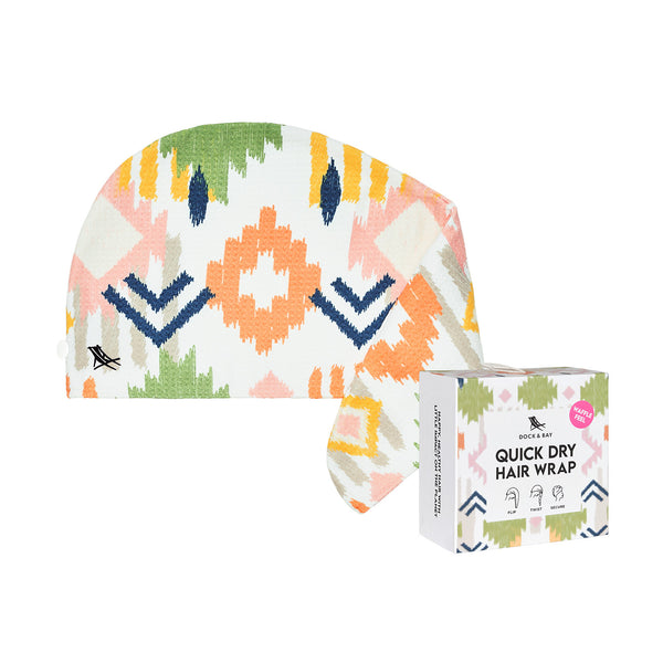 Quick dry hair wrap with colorful pattern and packaging on a white background