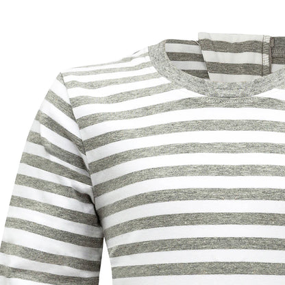 Close-up of grey and white striped cotton stretch fabric on KayCey adaptive jumpsuit