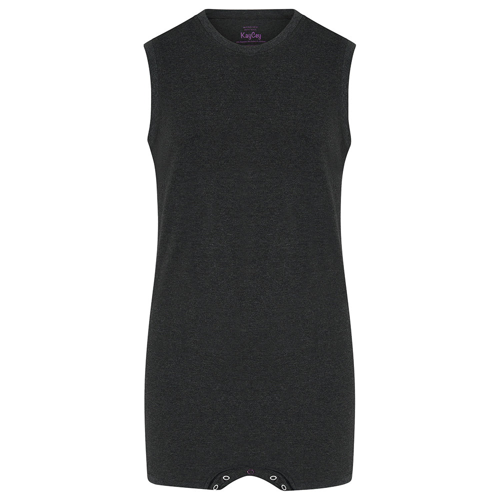 A dark charcoal gray sleeveless  with snap closures at the crotch, shown against a plain white background.