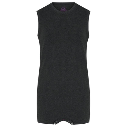 A dark charcoal gray sleeveless  with snap closures at the crotch, shown against a plain white background.