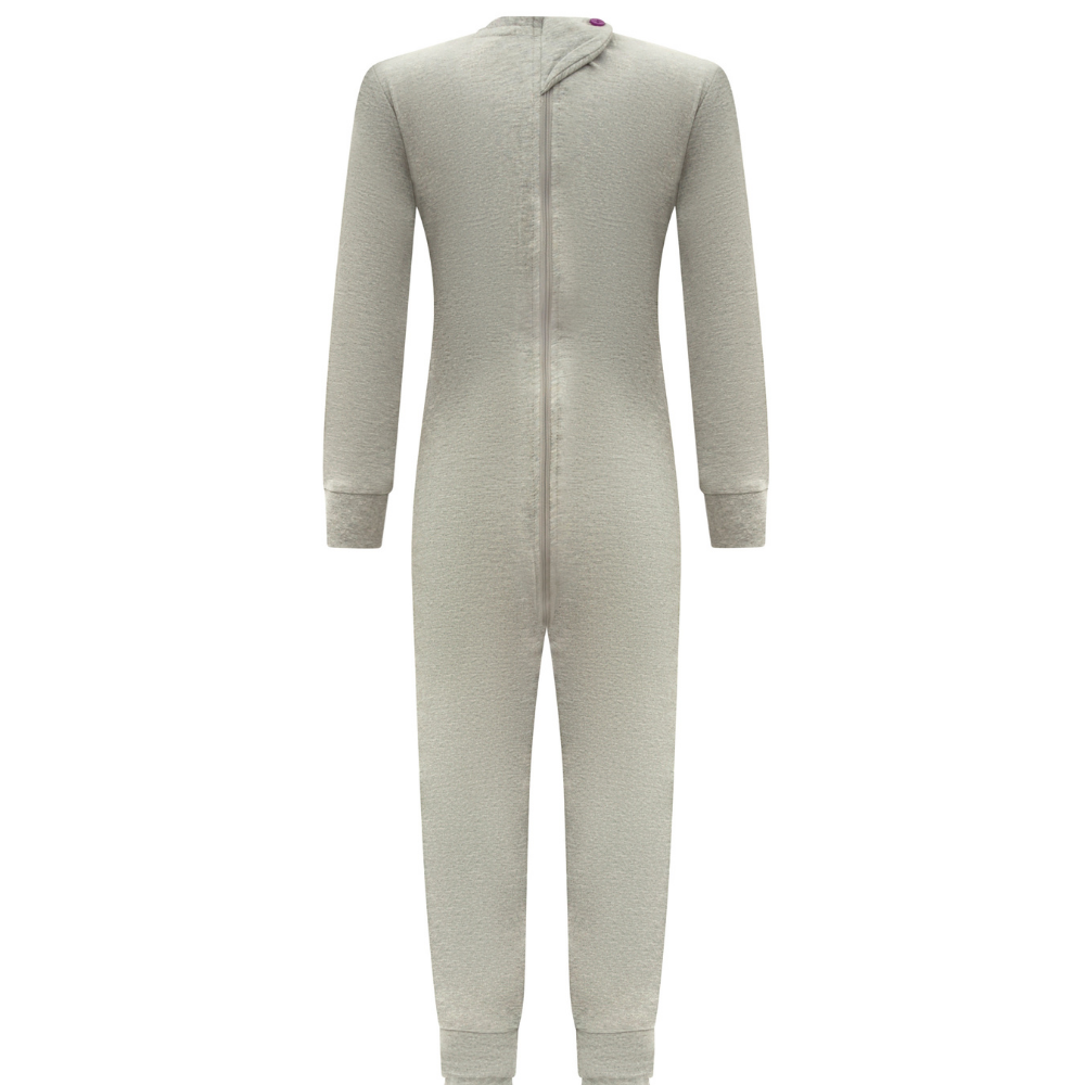  shown from the back, featuring a full-length zipper, long sleeves, and ribbed cuffs and ankles, set against a plain white background.