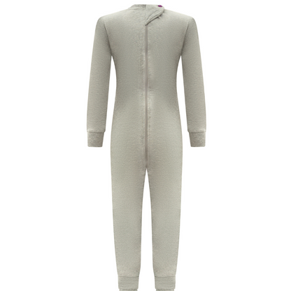  shown from the back, featuring a full-length zipper, long sleeves, and ribbed cuffs and ankles, set against a plain white background.