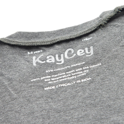 Close-up of the inside collar of a heather gray  with white printed text reading &