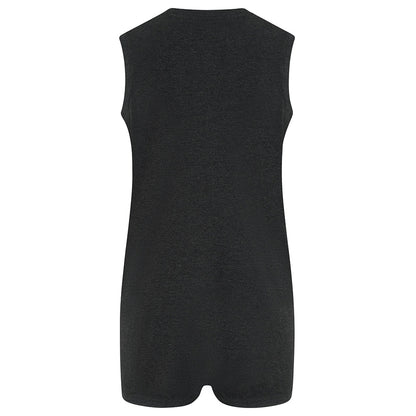 back of the sleeveless  charcol romper on plain white background.
