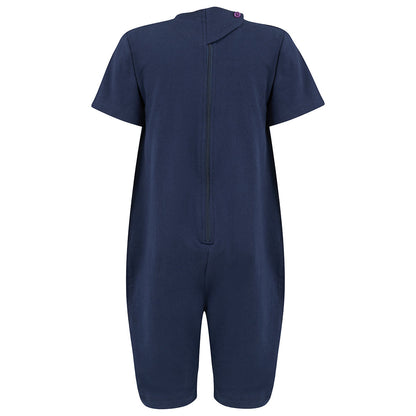 Navy blue showing the back with the sip and the button closure at the top of the garment with a white background 