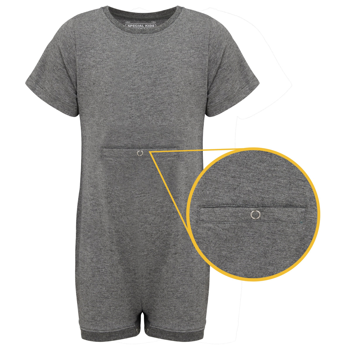 Gray  with a close-up of the pocket for tube feeding  on a white background