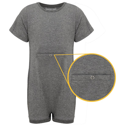 Gray  with a close-up of the pocket for tube feeding  on a white background