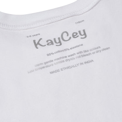 Close-up of a white neck label area with printed text including the brand name KayCey,and care instructions.