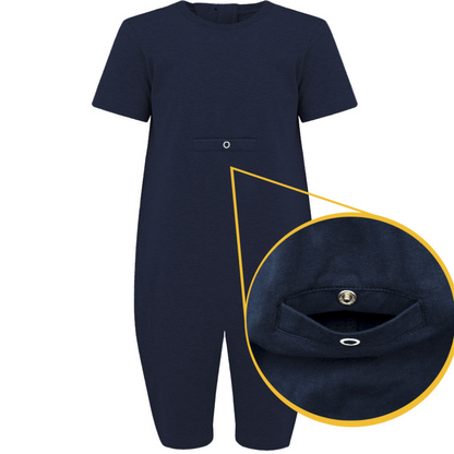 Navy blue j with a close-up of a pocket on a white background the pocket is for tube feeding 