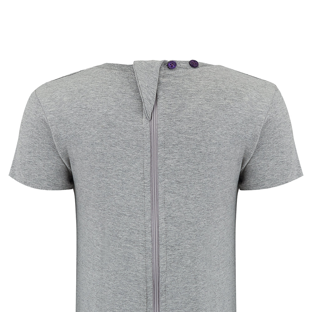 Graywith a zipper and purple buttons on a white background