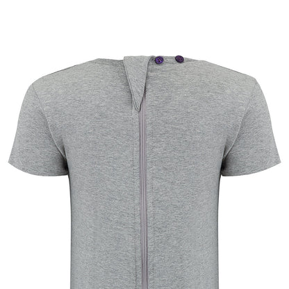 Graywith a zipper and purple buttons on a white background