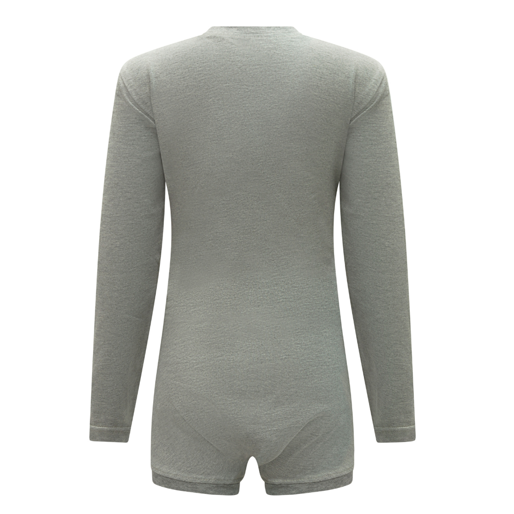 A light gray long-sleeve one-piece  the back on a plain white background.