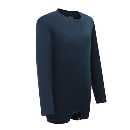 Navy blue long-sleeve t on a white background sideways on 