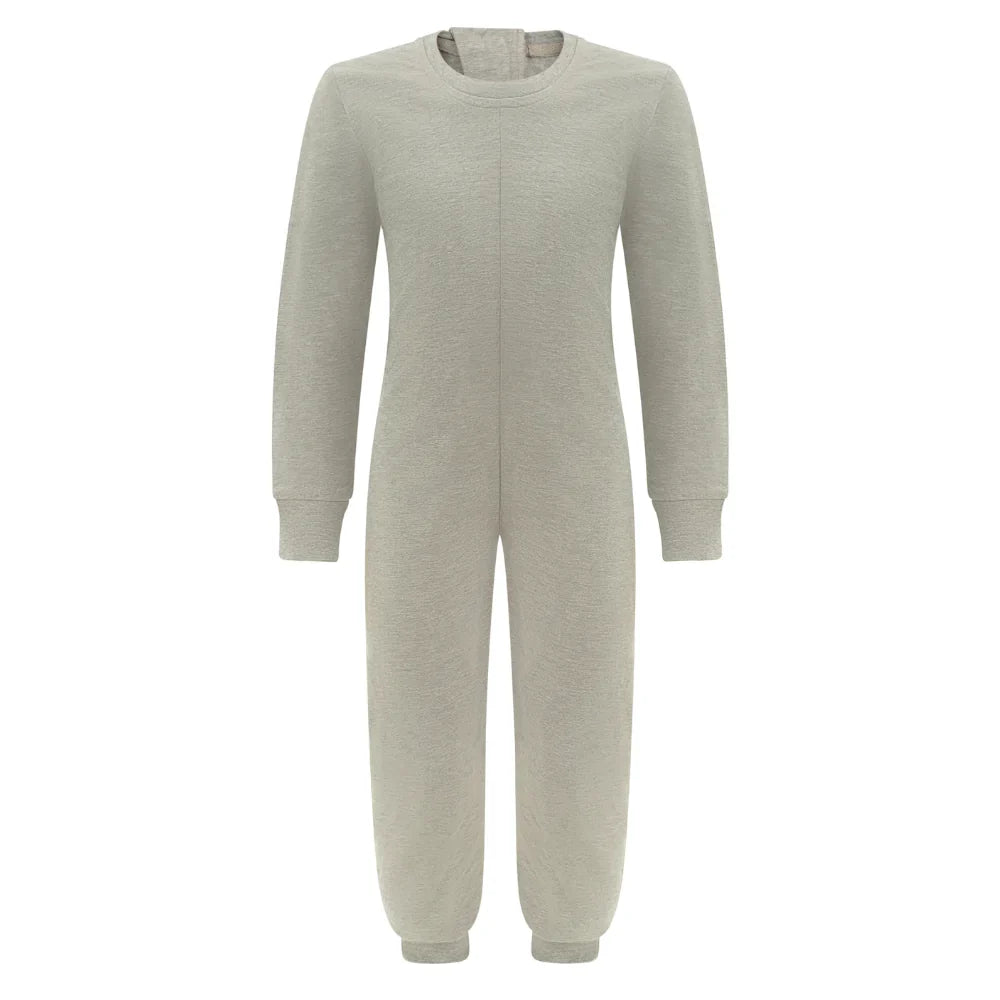 A light gray heathered long-sleeve one-piece jumpsuit with a crew neck and ribbed cuffs and ankles, shown on a plain white background.