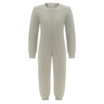A light gray heathered long-sleeve one-piece jumpsuit with a crew neck and ribbed cuffs and ankles, shown on a plain white background.
