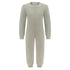 A light gray heathered long-sleeve one-piece jumpsuit with a crew neck and ribbed cuffs and ankles, shown on a plain white background.