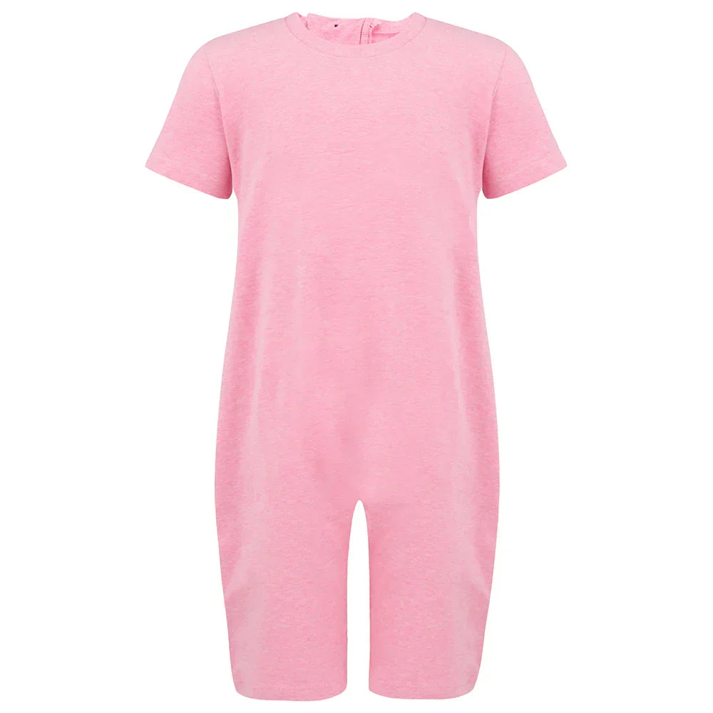 A short-sleeve pink one-piece with a crew neck, shown against a plain white background.