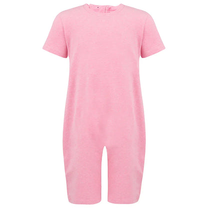 A short-sleeve pink one-piece with a crew neck, shown against a plain white background.