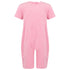 A short-sleeve pink one-piece with a crew neck, shown against a plain white background.