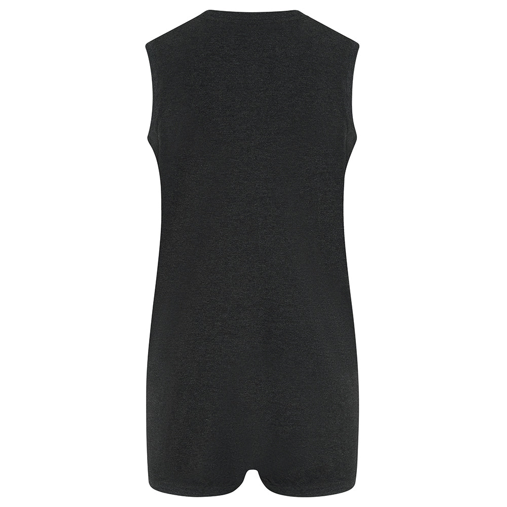 A sleeveless black with a crew neck, shown from the back on a plain white background.